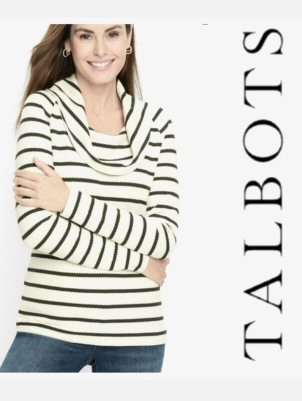 Talbots Brushed Rib Knit Top Cowl Neck Black/Off White Stripe 0X NWT Cottagecore